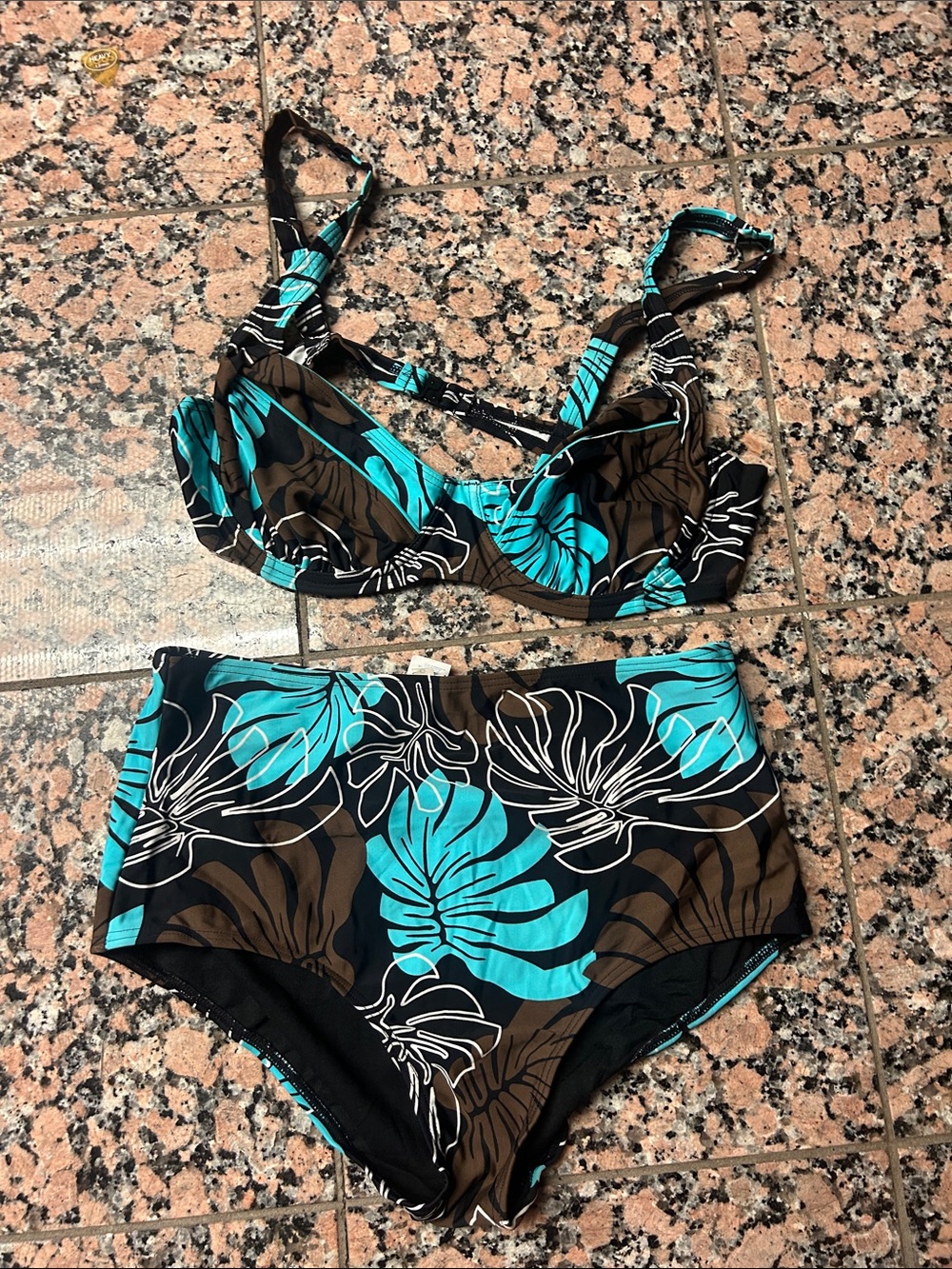 High-Waist Tropical Print Bikini Set - Teal & Brown